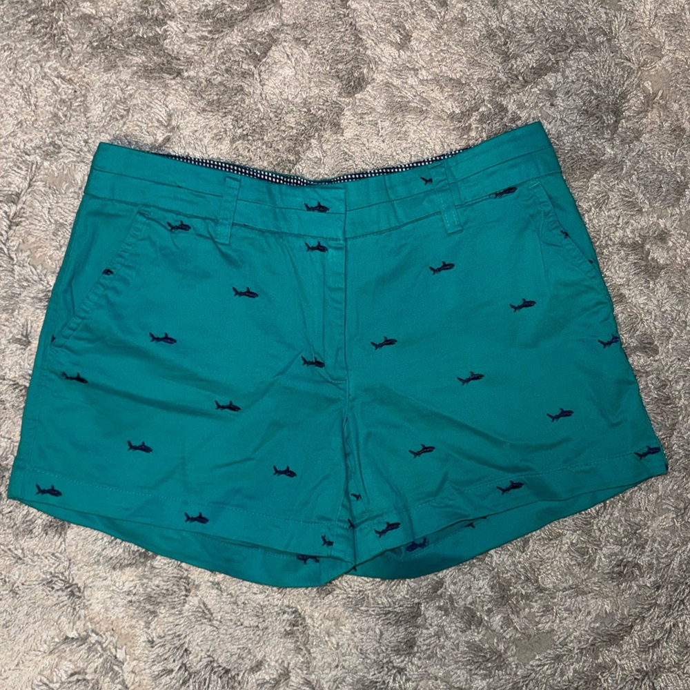 British Khaki Teal Shorts with Shark Design